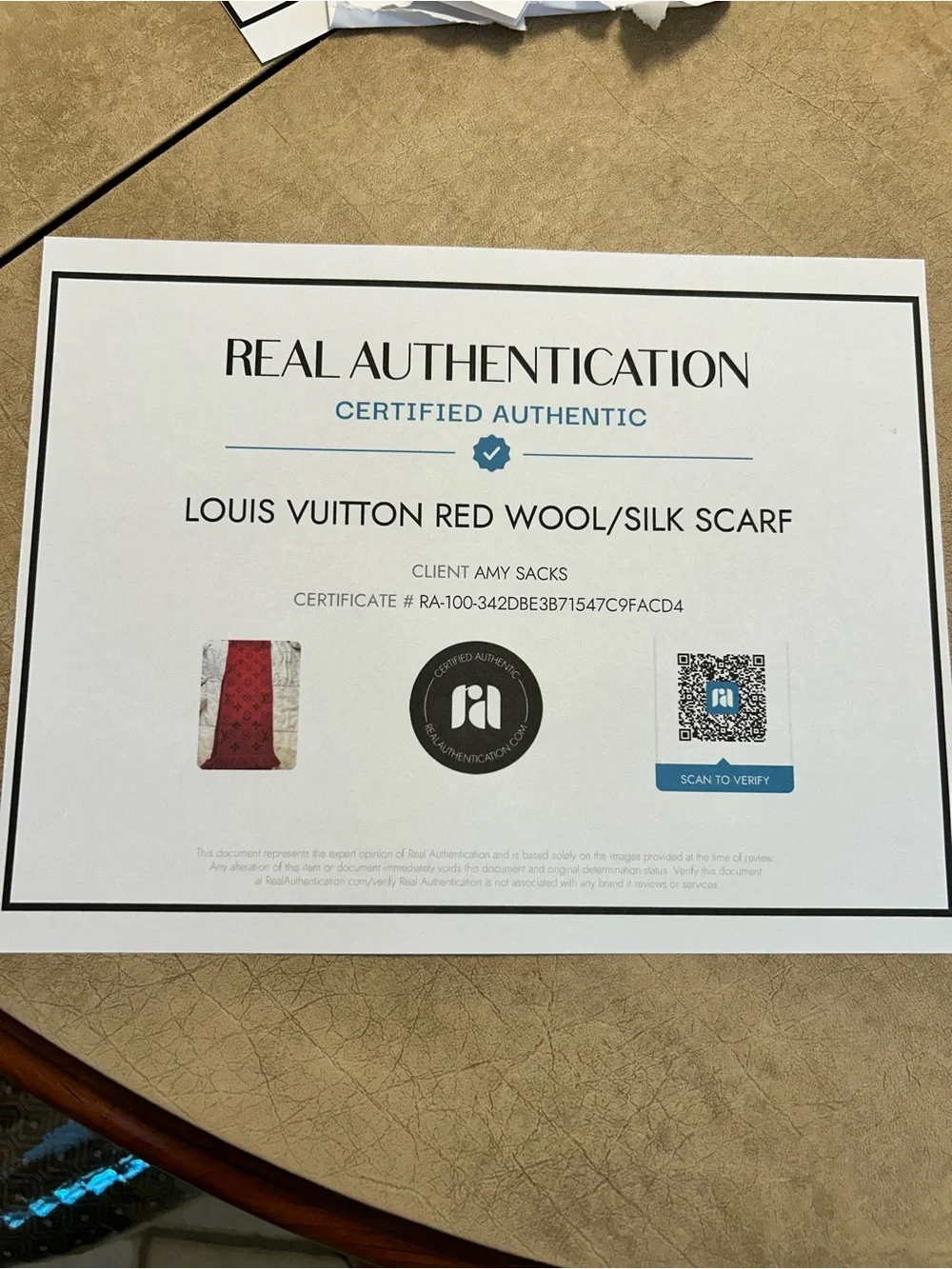Authentic LV Red Monogram Wool & Silk Scarf or Wrap. Made in Italy w/ COA. - Picture 12 of 12